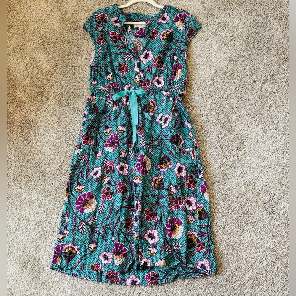 LOFT Teal Floral Midi Dress 14 Petite